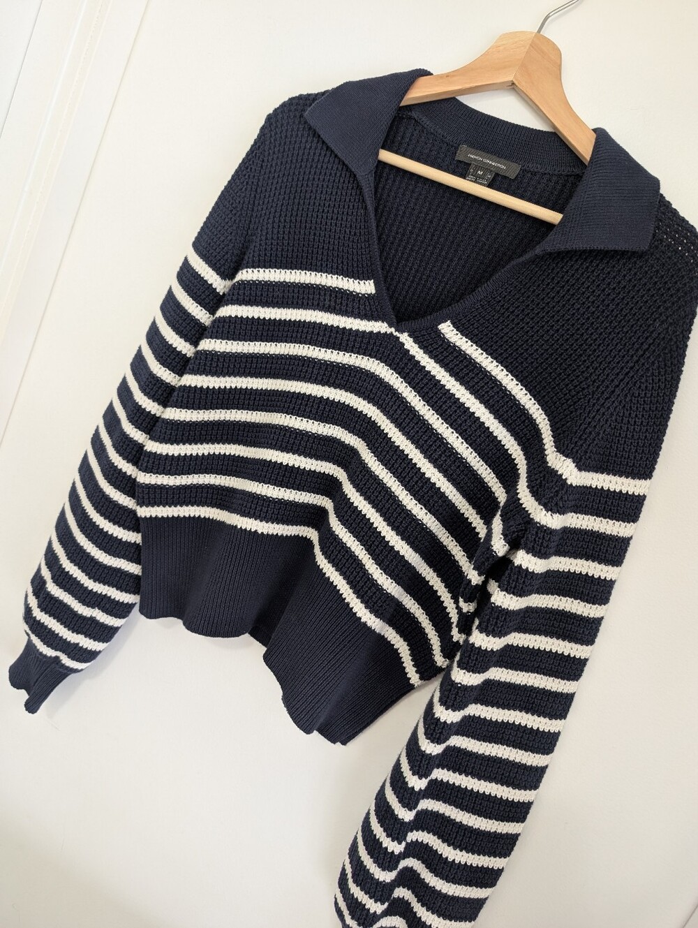 French Connection Medium Knit Sweater Oversized Preppy Sailor White Stripes Navy